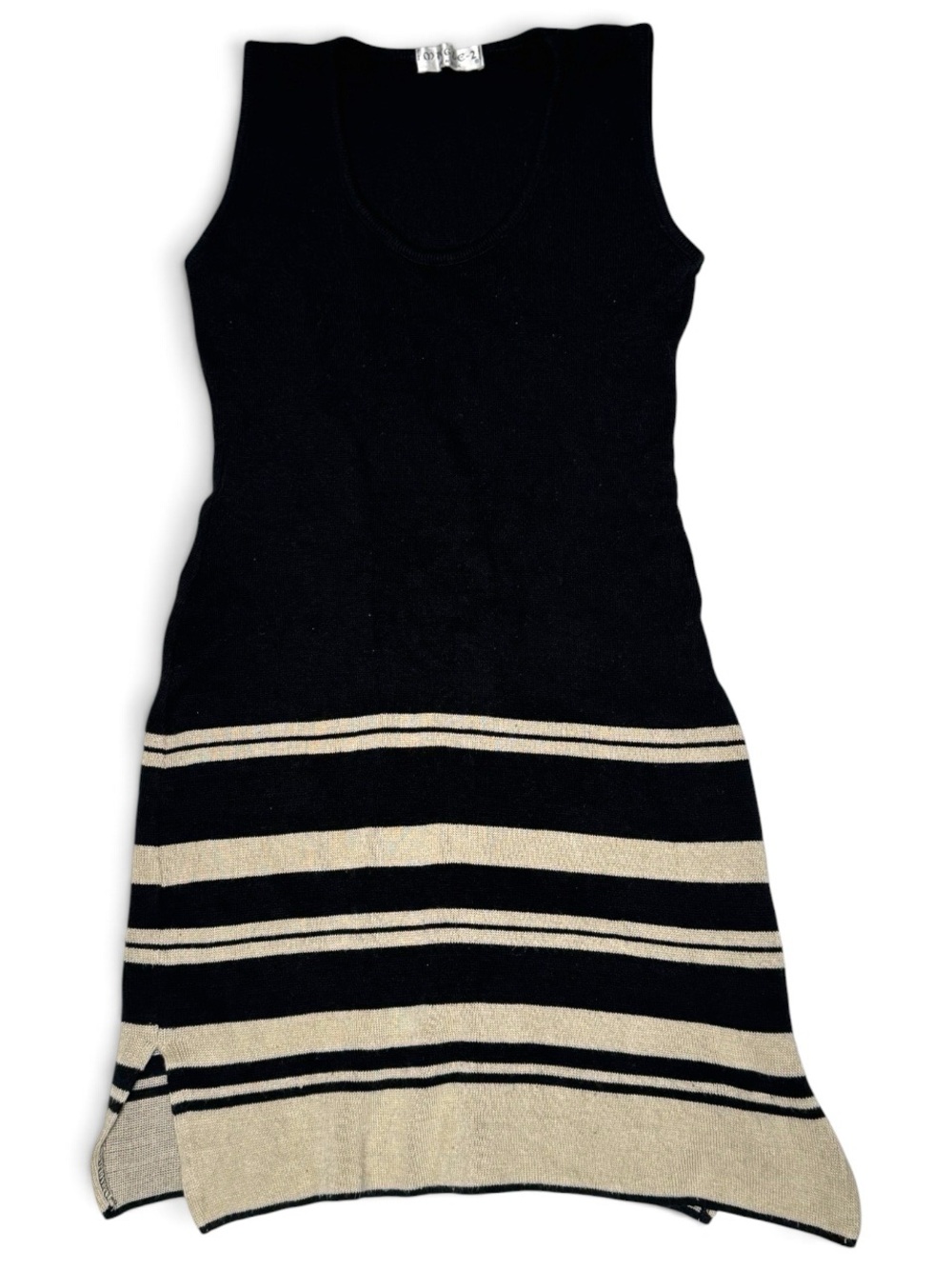 Mingle-2 Black Knit Shift Mini Dress with Cream Striped Hem- size small